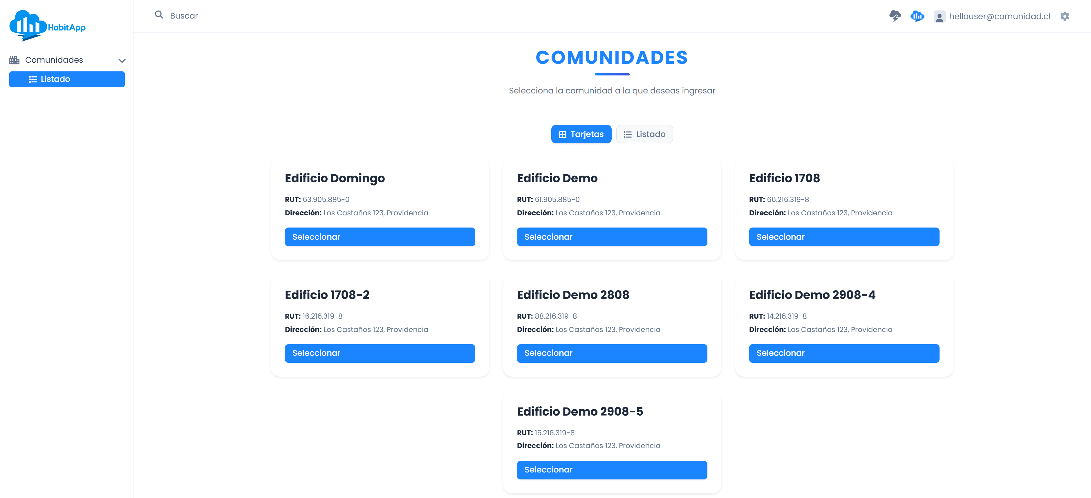 Vista Listado de Comunidades HabitApp
